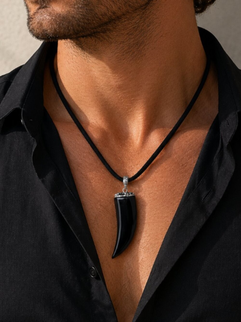 Men's Black Agate Horn Pendant Necklace Crystal Protection Amulet